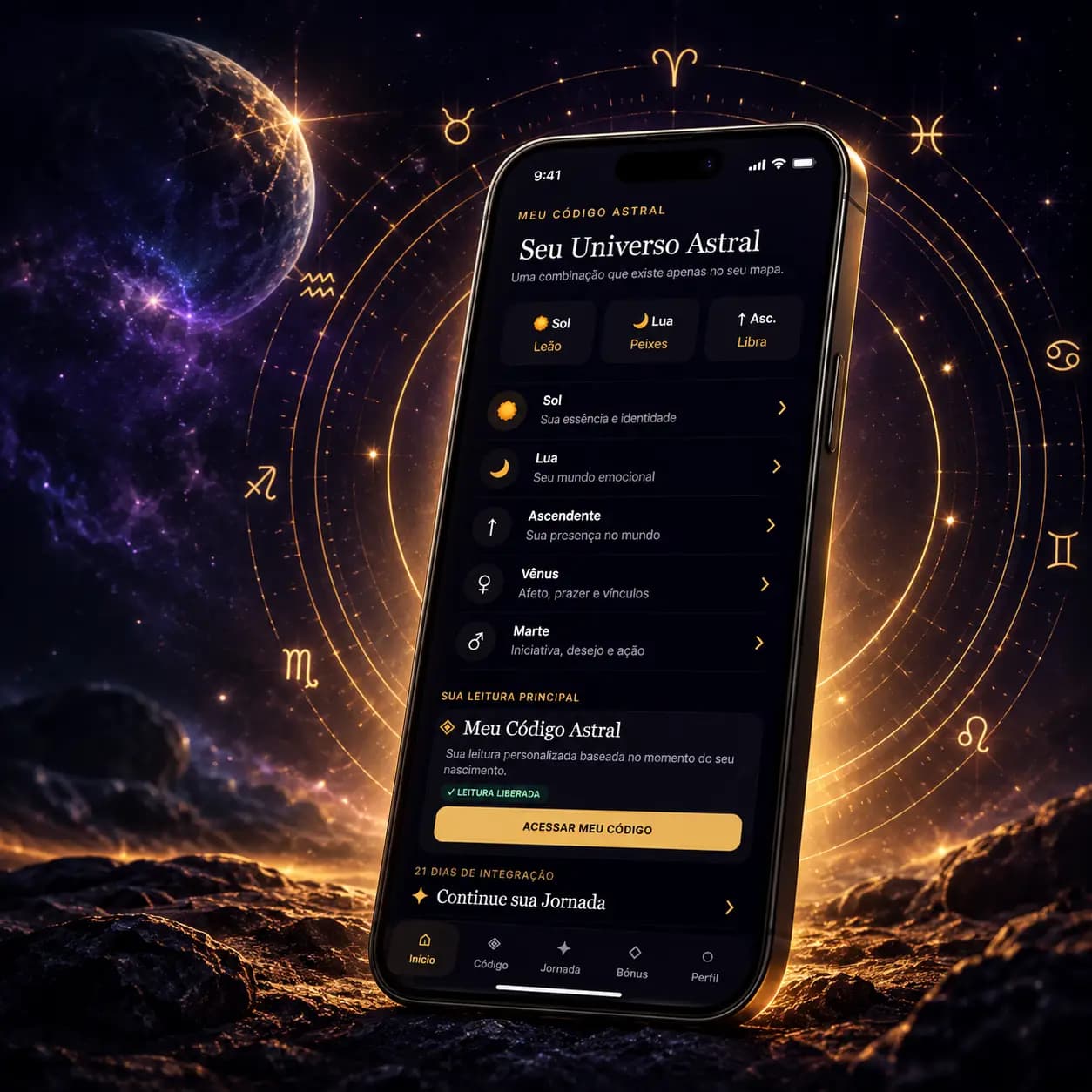 Telas reais da plataforma Meu Código Astral